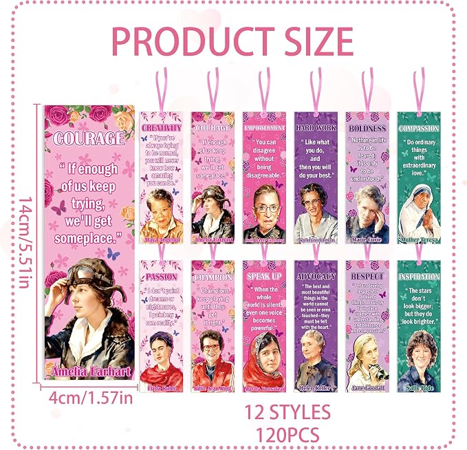 Women History Month Bookmarks, 120 Pcs Inspirational National Women's Day Book Marker Page Clips, Motivational Book Dividers for Bible Reading Classroom Gifts Library Supplies