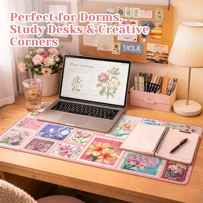 iCasso Pink Floral Desk Pad Mat, XXL Large Mouse Pad, Anti-Slip Retro Mousepad with Stitched Edges, Computer Keyboard Mat for Desktop Decor, Aesthetic Office Desk Accessories for Women(Pastel Pink)
