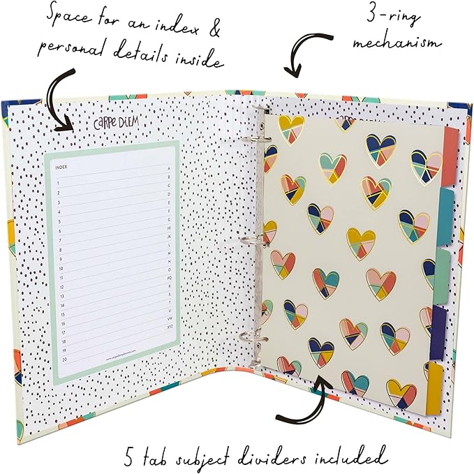 Pukka Pad, Carpe Diem Preloaded Rollbound Ringbinder – 12.4 x 10.8in – Includes Index, Personal Details, and Planner Pages – Comes Preloaded with 5-Part Dividers – Standard 3-Ring Mechanism - Hearts