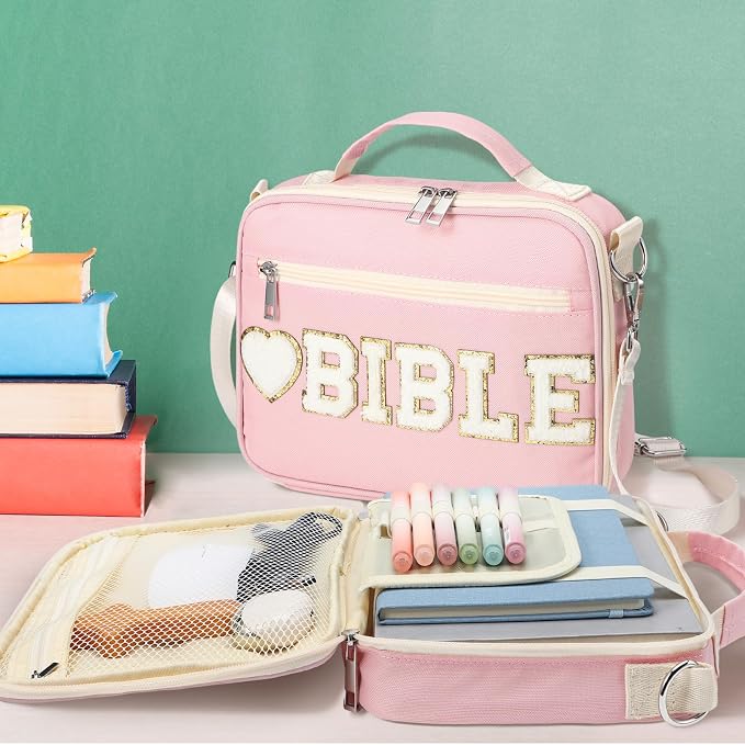 Silkfly Pink Bible Cover Case Preppy Large Chenille Letter Church Bag with Shoulder Strap Handle Back to School Gifts Waterproof Christian Tote Bag for Women Teacher Bible Accessories