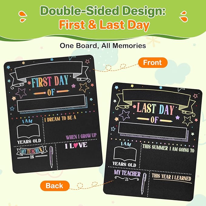 First Day Last Day of School Sign 11x14 Double-Sided Reusable Chalkboard with Chalk Markers - Back to School Gift Photo Prop for Preschool Kindergarten Elementary Kids Memory Keepsake