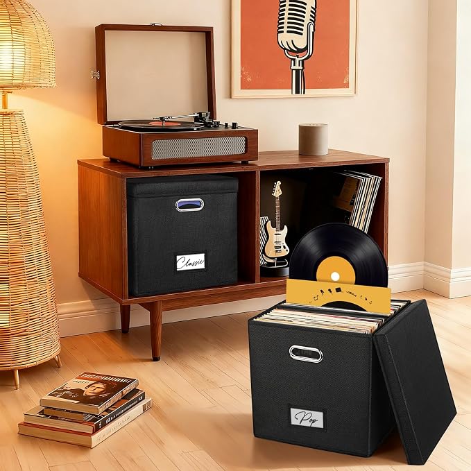 Vinyl Record Storage Box Set of 2 - for 100+ Single LPs (12-Inch), Stackable Albums Linen Crate with Lid, Play Music Collection Holder, Document File Folder Cabinet Organizer Case with Handle