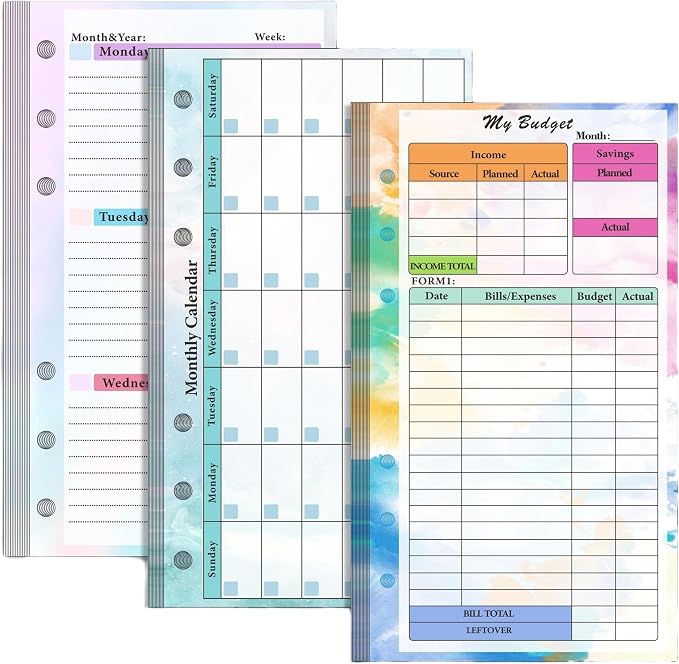 Monthly Weekly Planner Refills Budget Paper Kit for A6 Binder Cover, 6 Ring Planner Accessory for Budget Planner Binder Cover, Money Binder Organizer for Cash (Colorful)