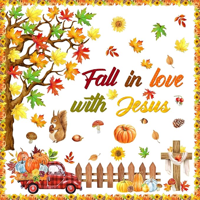 AmazingSpark 99 Pcs Fall Tree Bulletin Board Decorations with 300 Pcs Glue Points Autumn Thanksgiving Maple Leaves Pumpkin Acorns Cutouts Autumn Harvest Cutouts for School Classroom Wall Decoration