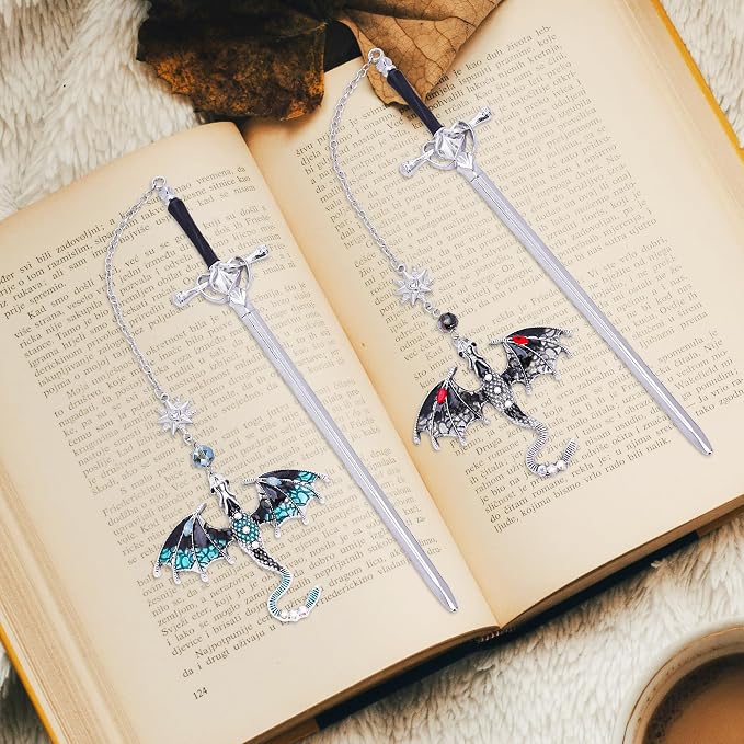 Cool Dragon Sword Bookmarks - 2 PCs Fantasy Metal Book Marks Blue Black Unique Page Maker Gifts for Reading Men Boys Kids Novel Fans Lovers Student Teacher Christmas School Office Supplies