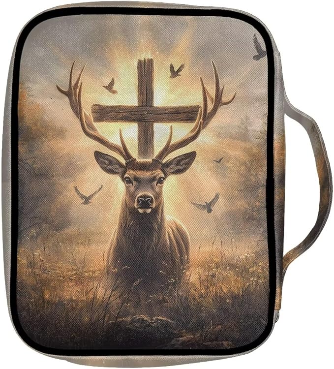 Suobstales Deer Cross Print Bible Cover Portable Carrying Book Case Multi-Functional Bible Case Bible Organizer Case with Handle and Zippered Back Pocket