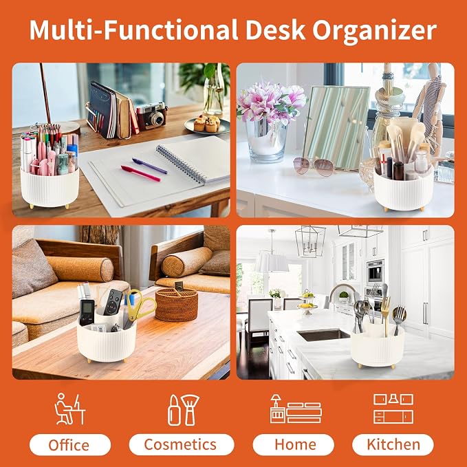 Desk Pencil Pen Holder, 5 Slots 360°Degree Rotating Pen Organizers for Desk, Desktop Storage Stationery Supplies Organizer, Cute Pencil Cup Pot for Office, School, Home, Art Supply, Beige