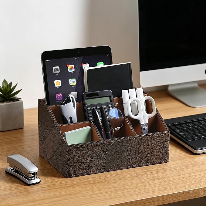 PU Leather Desktop Organizer, Home Luxury Remote Control Holder, Office Desk Accessory and Nightstand Storage Box, Vintage Style, Suitable for Living Room Tabletops (Brown Vintage)