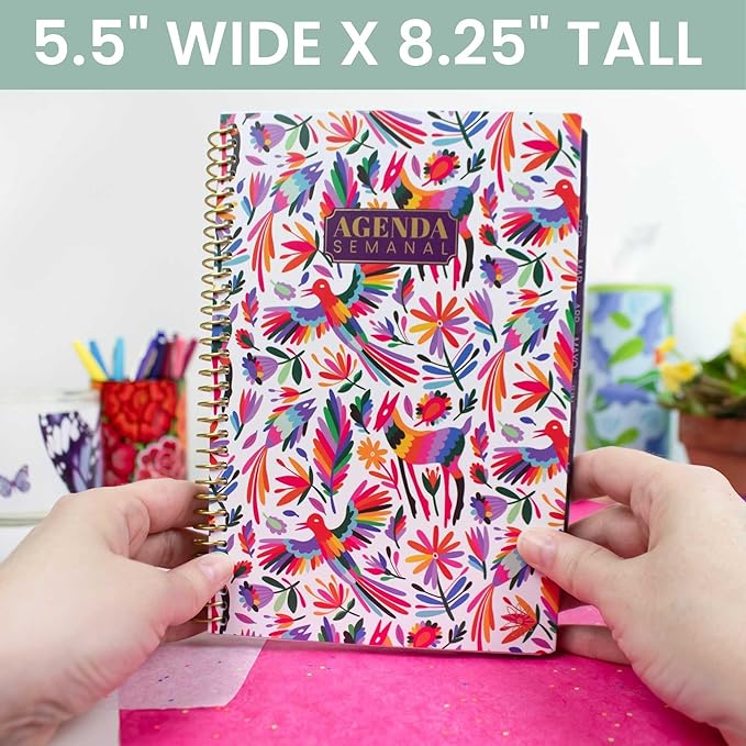 bloom daily planners UNDATED Spanish Calendar Year Day Planner - Passion/Goal Organizer - Start Anytime Monthly & Weekly Agenda Book with Tabs (January to December) - 5.5" x 8.25" - Otomi Embroidery
