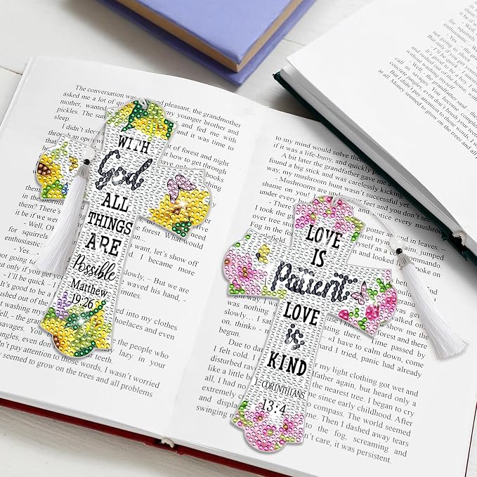 8 Pieces Christian Bible Verse Diamond Art Bookmarks 5d Christian Beaded Bookmark Acrylic Tassel Bookmark for DIY Making Beginners Adults Arts Craft Supplies (Floral)