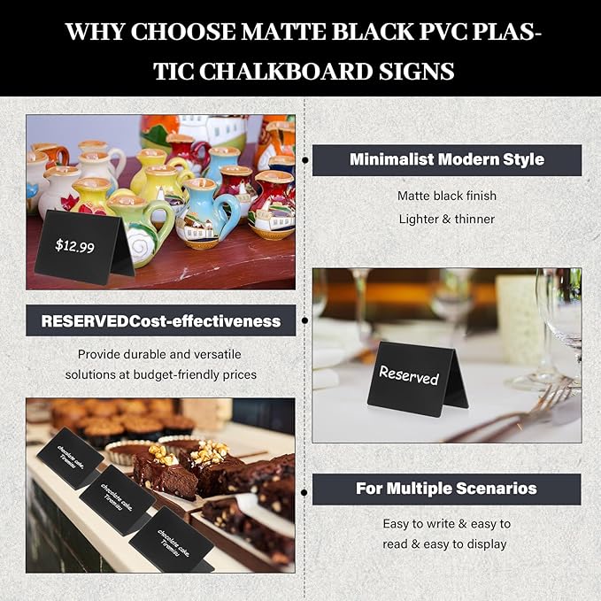 Outus 12 Pcs 4 x 3 Inches Buffet Food Labels Mini Small Chalkboard Signs Black Acrylic Food Markers Little Price Signs with 2 Pcs Erasable Marker for Wedding Birthday Bakery Table Display