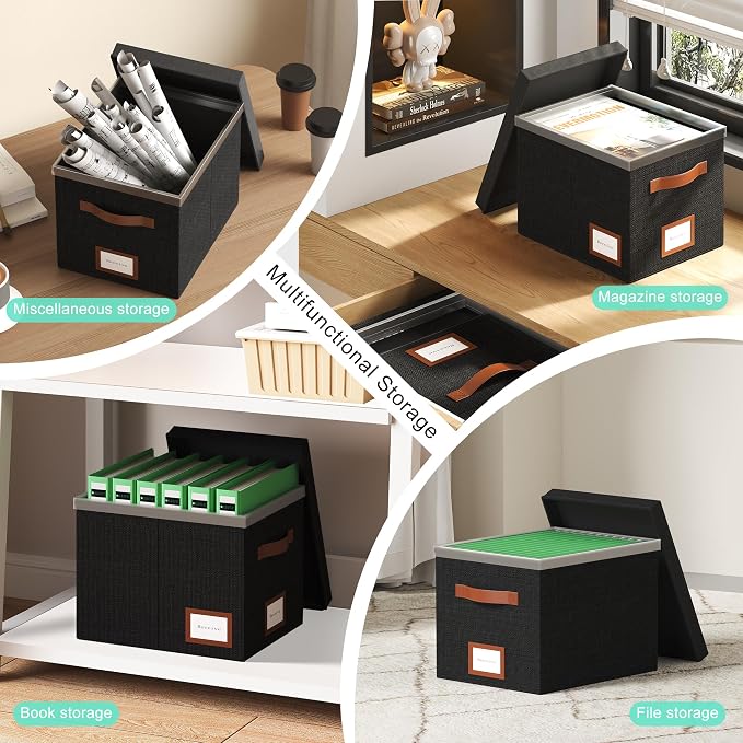 File Organizer Box with Lid File Box for Hanging Decorative File Organizer with One-Piece Integrated Plastic Slide Rail (Black, 13.2x10.1x10.1inch(3pack))