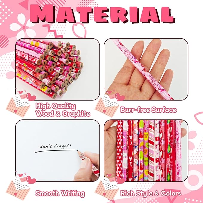 Bvrbaory 72 Pcs Valentine's Day Pencils,Bulk Wood Pencils,Pink Valentine Pencil with Erasers for Goodie Bags Fillers,Party Favors,School Classroom Rewards(12 Styles)