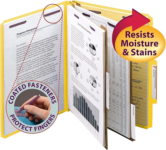 Smead PressGuard Classification File Folder with SafeSHIELD Fasteners, 2 Dividers, 2" Expansion, Letter Size, Yellow, 10 per Box (14203)
