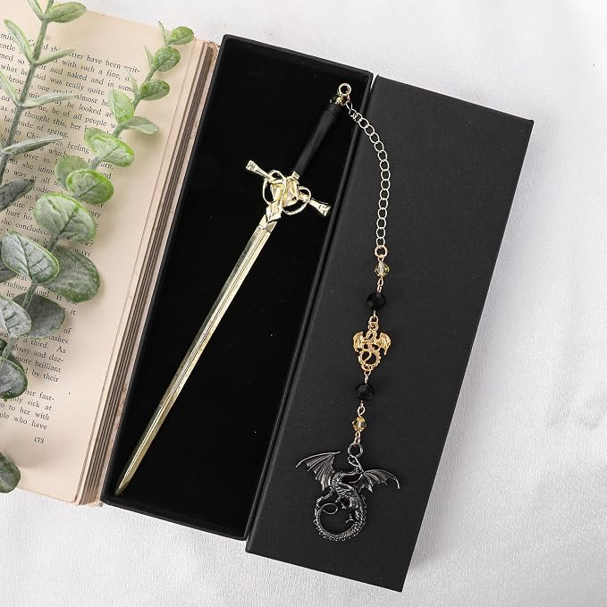 Fantasy Dragon Sword Bookmark - Wing Metal Book Marks Crystal Beads Dragons Fourth Chain Page Mark Bookish Birthday Gifts Reading Accessories for Men Women Students Teachers Lovers Readers