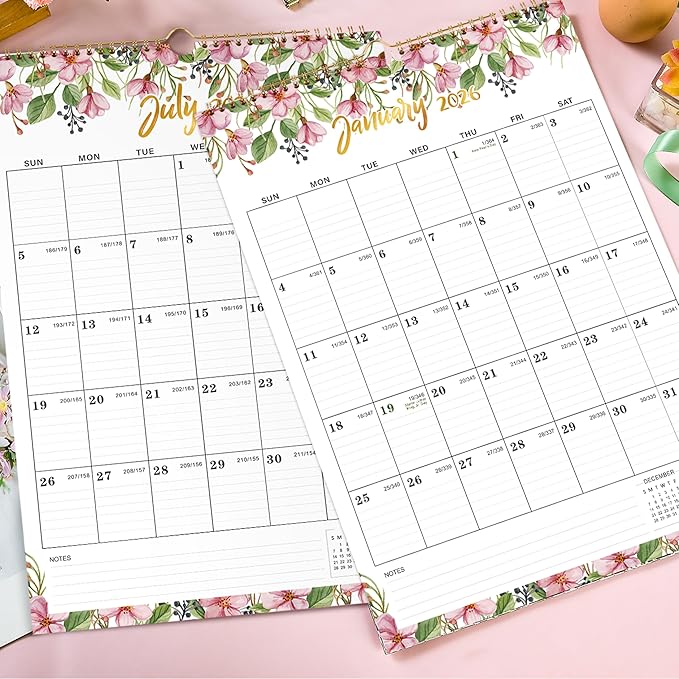 2026 Wall Calendar - Calendar 2026 Wall, Jan 2026 - DEC 2026, 12" x 17", Large Blocks, Hanging 2026 Wall Calendar 12 Months, Floral Calendar for Living Room