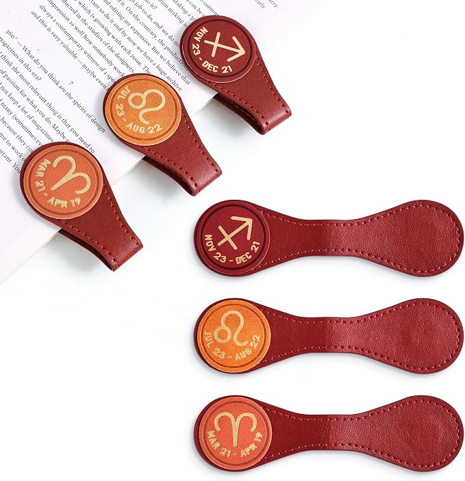 3 PCS Leather Magnetic Bookmark Clips, Zodiac PU Leather Bookmarks for Book Lovers, Full Set of Book Clip Accessories, Fire Sign