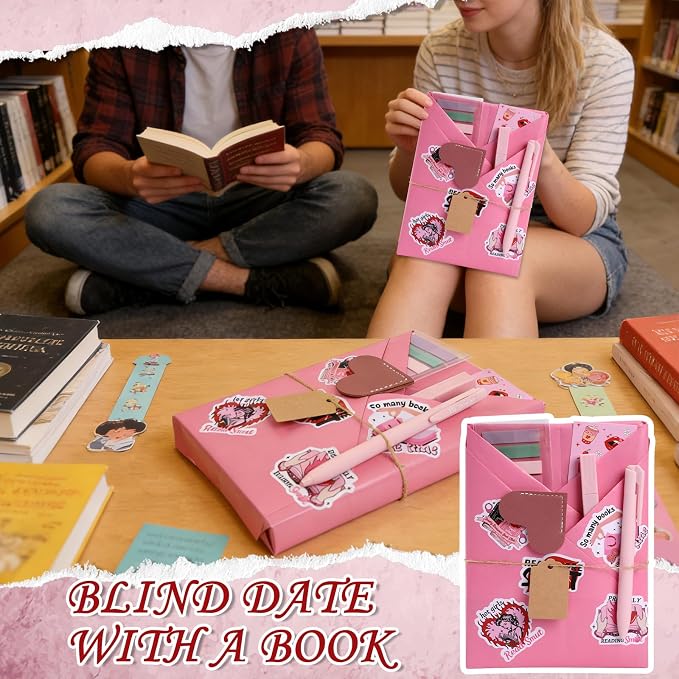 Blind Date with a Book Gift Box 6 Set Spicy Fairytale Blind Book Date Supplies Including Kraft Paper Tags Romance Bookmark Pens Stickers Gifts for Women Books Lovers Club Bookish Reader
