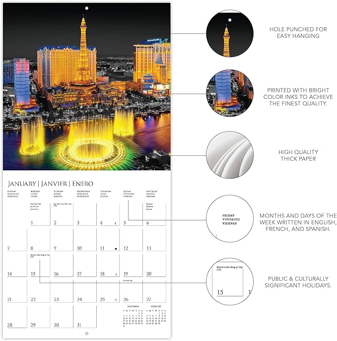 Graphique 2024 Vegas Glitz Wall Calendar | 12” x 12” | Thick Paper | Home & Office Organizer | Large Monthly Grid | 3 Languages & Marked Holidays | 4 Month Preview Page for 2025