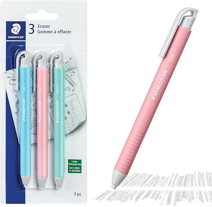 STAEDTLER Vinyl Eraser Holder (3-Pack): Retractable Erasers for Pencils, Soft Vinyl, Latex-Free, Clean Edges, No Smudges, Pastel Colors