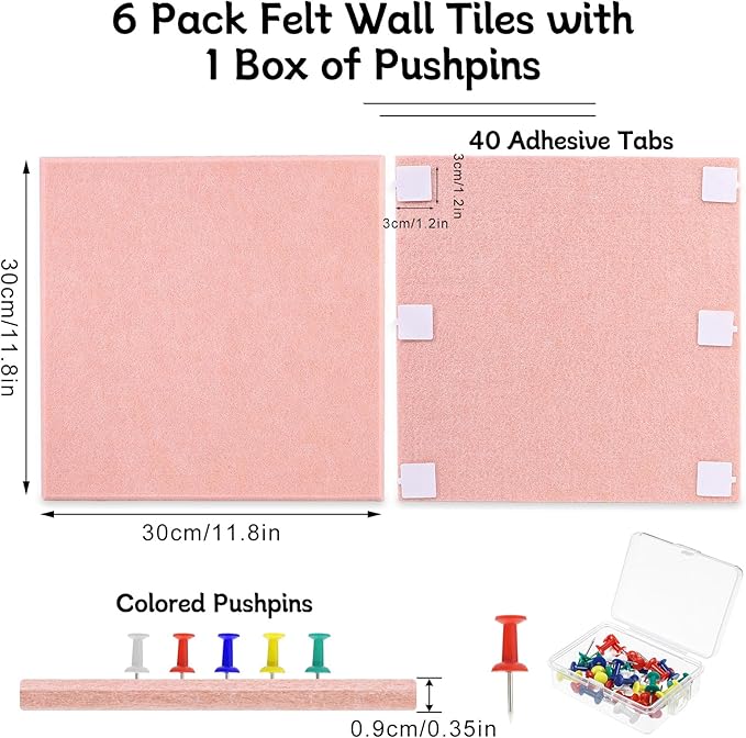 Thboxes Large Cork Board 36" x 24", 6 Pack Felt Wall Tiles with Colored Pushpins, Bulletin Board with 40 Safe Removable Adhesive Tabs, Pin Board Cork Boards for Walls Home Office Decor - Pink