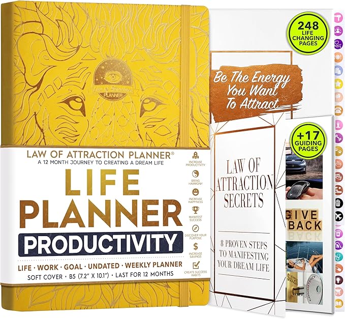 Deluxe Weekly and Monthly Planner | Law of Attraction Planner with Productivity App | 12-Month for Productivity, Gratitude & Goal Setting | Includes Foldable Vision Board, Gift Box & Stickers