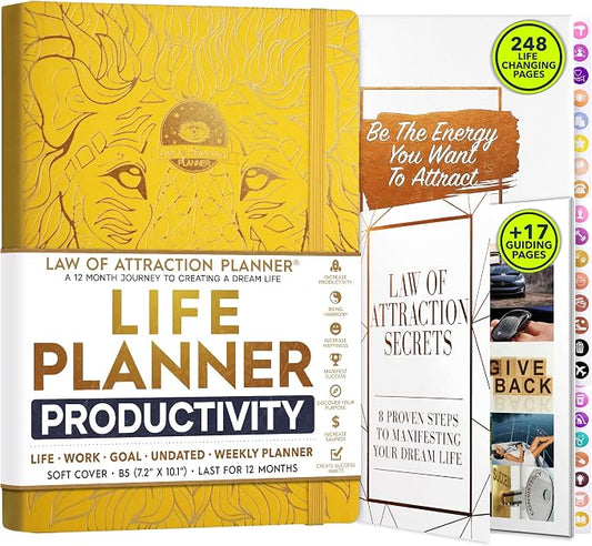Deluxe Weekly and Monthly Planner | Law of Attraction Planner with Productivity App | 12-Month for Productivity, Gratitude & Goal Setting | Includes Foldable Vision Board, Gift Box & Stickers