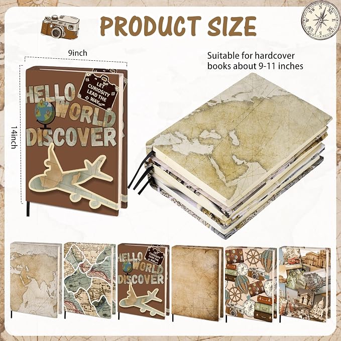 Gilprop 6 Pack Jumbo Stretchable Book Covers, Colorful Covers for Textbook Protection and Care, Washable Reusable Protective for Paperbacks Hardcover Books(Map,Brown,9-11inch)