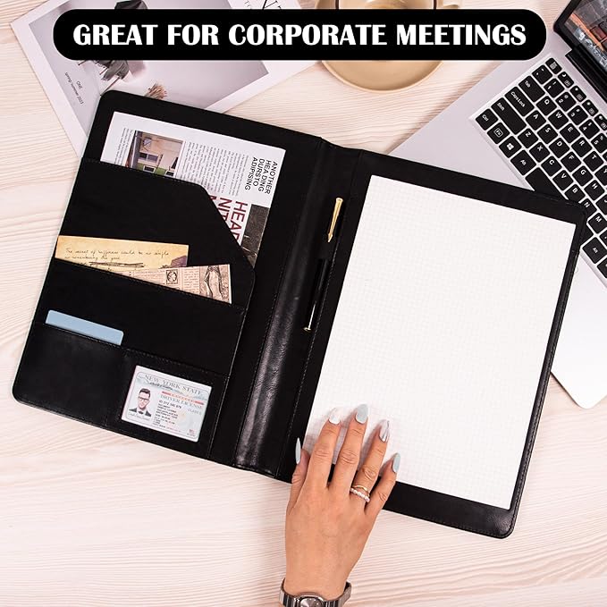 Free Engraved Name,Padfolio Portfolio PU Leather Binder,Interview Resume Folder,Business Card Holder, Organizer with A4 Legal Pads for Men Women(Black,Custom)