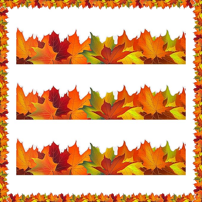 Leinuosen 50.5 ft Fall Bulletin Board Borders Maple Leaves Shape Die-Cut Bulletin Board Strips Colorful Autumn Leaf Trim with 20 Sheets Glue Point Dots for Fall Harvest Thanksgiving Classroom Decor