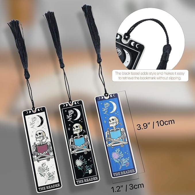 Skeleton Tarot Metal Bookmark with Tassels – Funny Gothic Horror Bookmarks, Unique Skull Tarot Card Bookmark for Book Lovers – Perfect Gift for Women, Men, Teens on Christmas (Transparent)