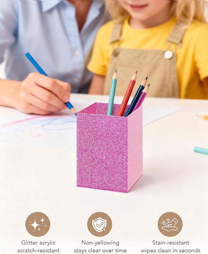 Rose Pink Glitter Acrylic Pen Holder, Acrylic Makeup Brush Storage Organizer, Pencil Pen Holder for Desk, Modern Desktop Accessories for Office School Home Supplies