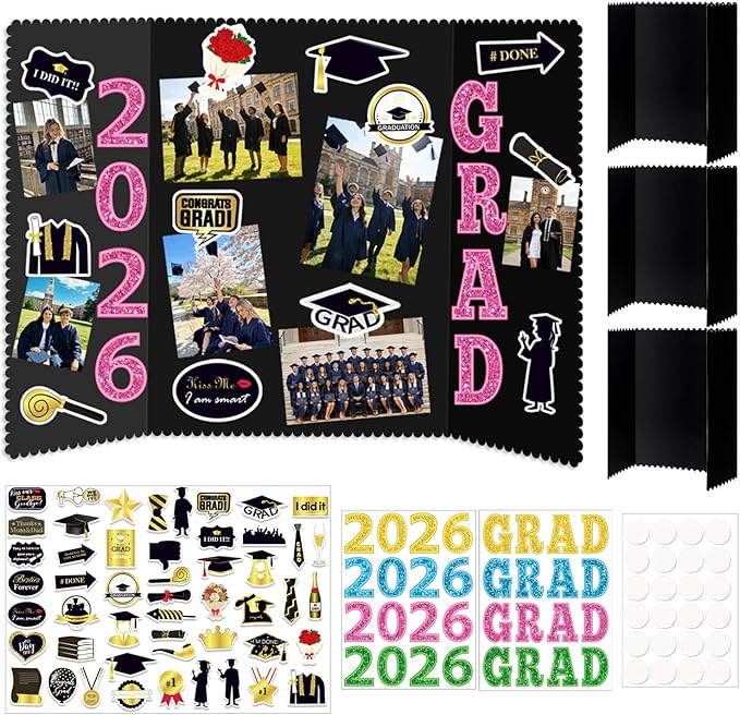 Graduation Photo Display Board - 4 Set Trifold Poster Board for Graduation Party, Colorful Folding Picture Presentation Frame for Multiple Pictures Table Decor (24x16 Inches)