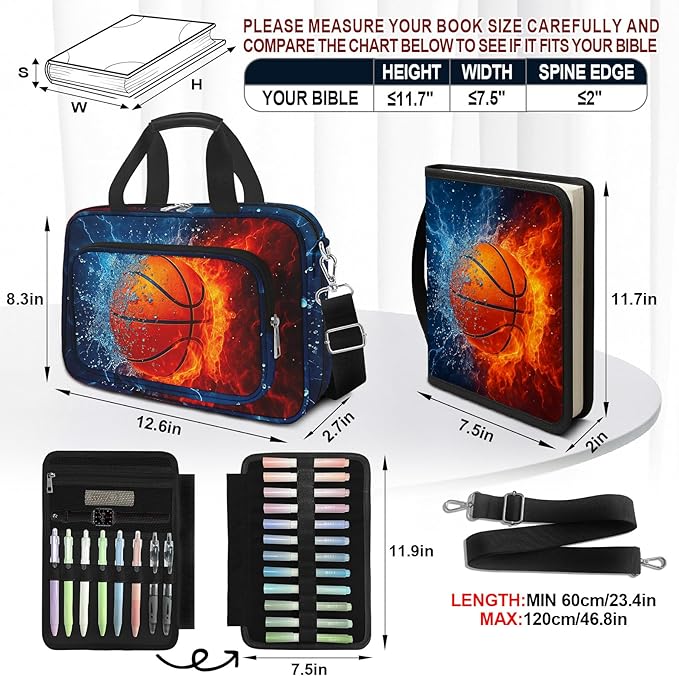 Basketball Bible Cover Case for Boys Kids, Ice Fire Ball Mens Large Bible Bag Book Carrying Case Handle Zipper Pocket, Bible Study Supplies Journaling Kit, Highlighters Tabs Pens Cross Clips