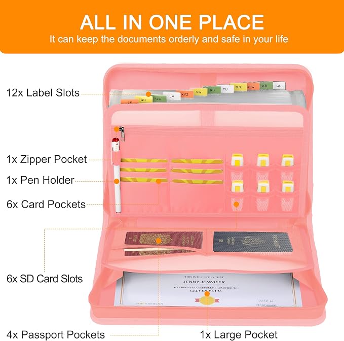 Accordion File Organizer,13 Pockets Fireproof Expanding File Folder with Multi Pockets,Portable Business Fire Safe Storage Document Organizer Folder with Zipper for Documents and File,Pink