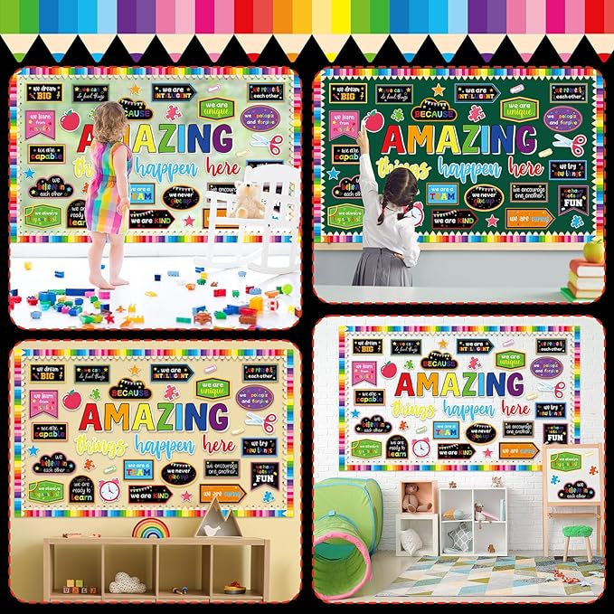 gisgfim Welcome Back to School Bulletin Board Decorations Set Amazing Things Happen Here Classroom Colorful Paper Cutouts Motivational Pencil Bulletin Board Borders Decor for Nursery Chalkboard Wall