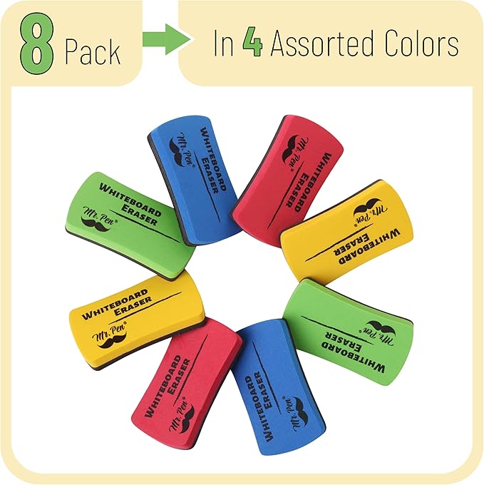 Mr. Pen- Magnetic Dry Erase Erasers, 4" x 2", 8 Pack, Assorted Colors, Magnetic Whiteboard Dry Erase Erasers Bulk for Kids, Teachers, Students and Classroom Supplies