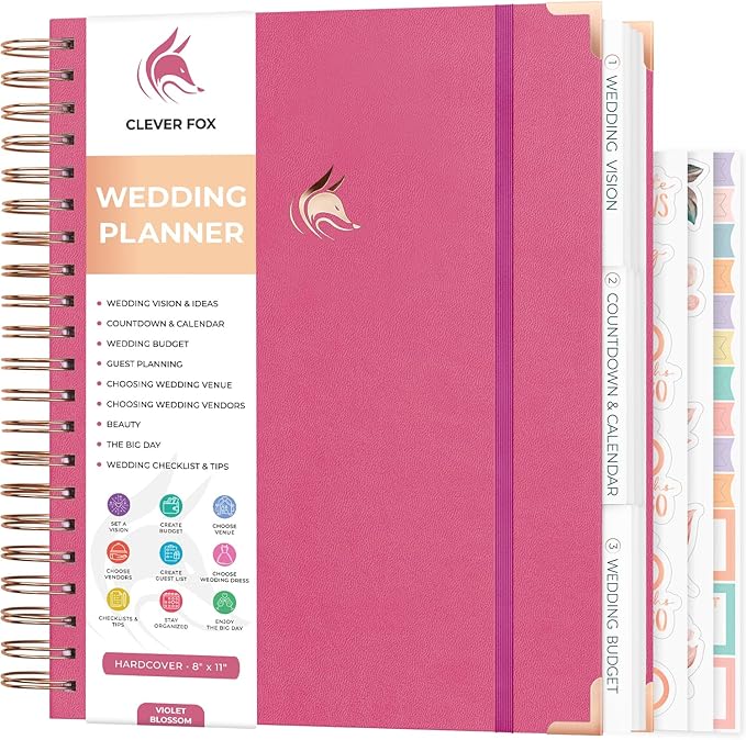 Clever Fox Wedding Planner – Notebook Organizer for Bride – Wedding Planning Binder Book with Pockets – Engagements Gift, 10x11″ (Violet Blossom)
