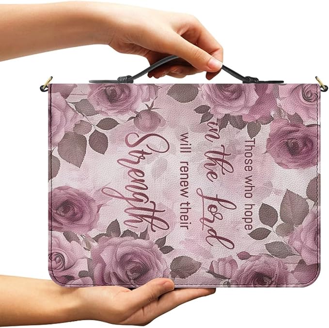 PU Leather Bible Cover,Pink Rose Print with Shoulder Strap M | Bible Cover with Strap and Handle,PU Leather Bible Protecto, Inner Pockets and Pen Loop, Bible Study Supplies for Girls