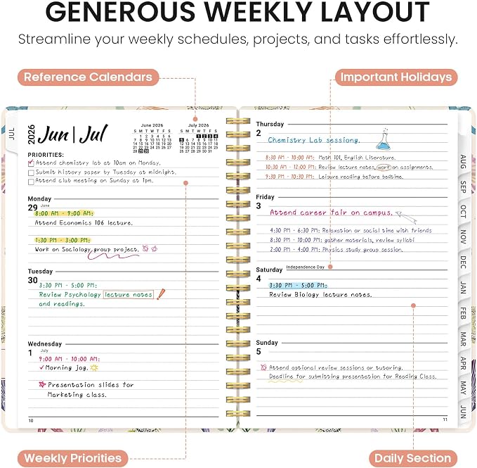 Planner 2026–2027, Academic Year Monthly & Weekly Calendar Book, Jul 2026–Jun 2027, Hardcover Organizer with Tabs, Student & Teacher Planner, 6.3" x 8.5", Sea Shell