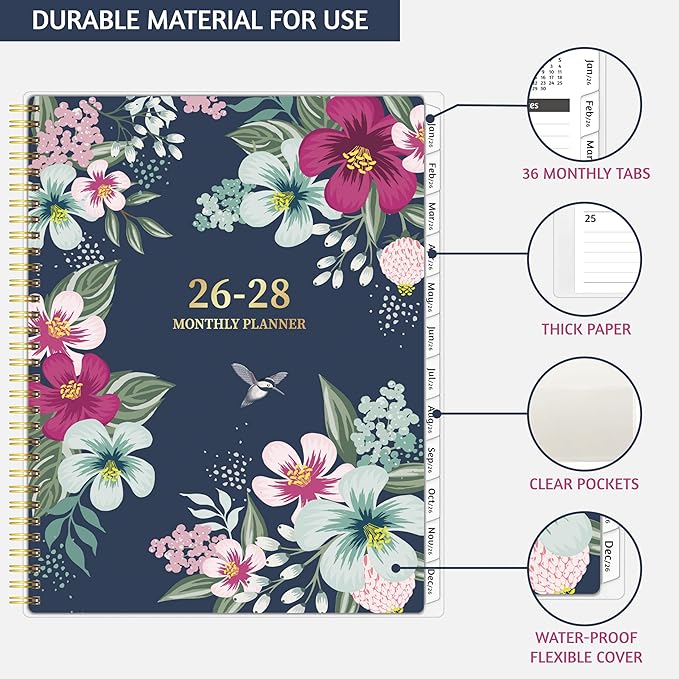 Monthly Planner 2026-2028, 36 Months Calendar Planner 2026-2028 from Jan 2026 – Dec 2028, 8.5'' x 11'' with Ruled Spread, Flexible Cover, Spiral Wirebound, Pocket, Coated Tabs, Notes ＆ Habit Tracker
