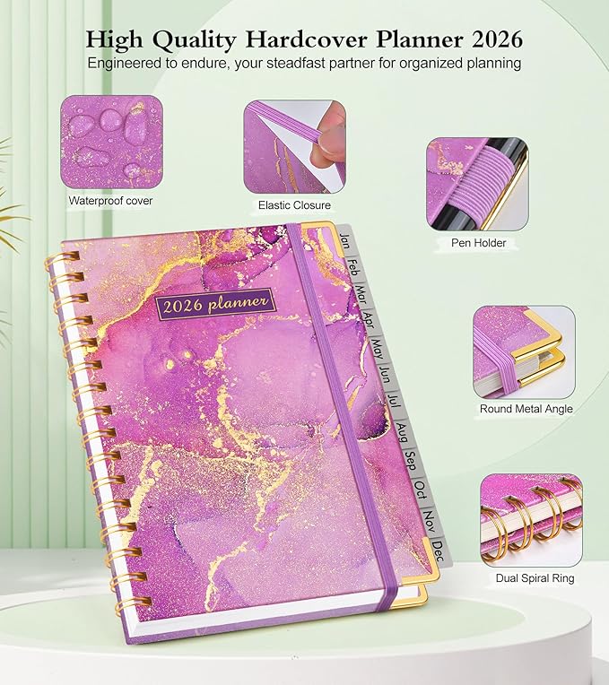 2026 Planner, Hardcover Weekly and Monthly Planner, January 2026 - December 2026, Spiral Yearly Agenda Organizer Book 2026 with Tabs, Daily Calendar Planners for School Work Home, A5 (5.75" x 8.38"), Purple Marble