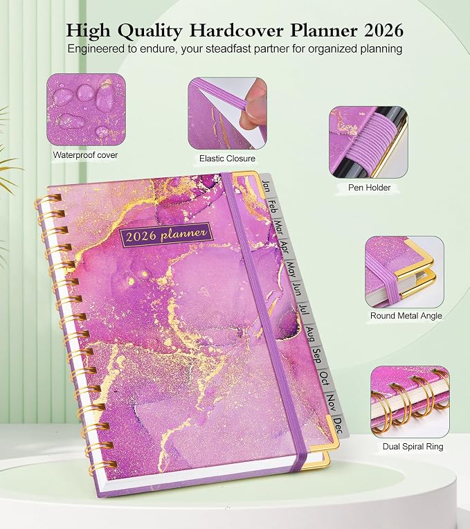 2026 Planner, Hardcover Weekly and Monthly Planner, January 2026 - December 2026, Spiral Yearly Agenda Organizer Book 2026 with Tabs, Daily Calendar Planners for School Work Home, A4 (8.5" x 11"), Purple Marble