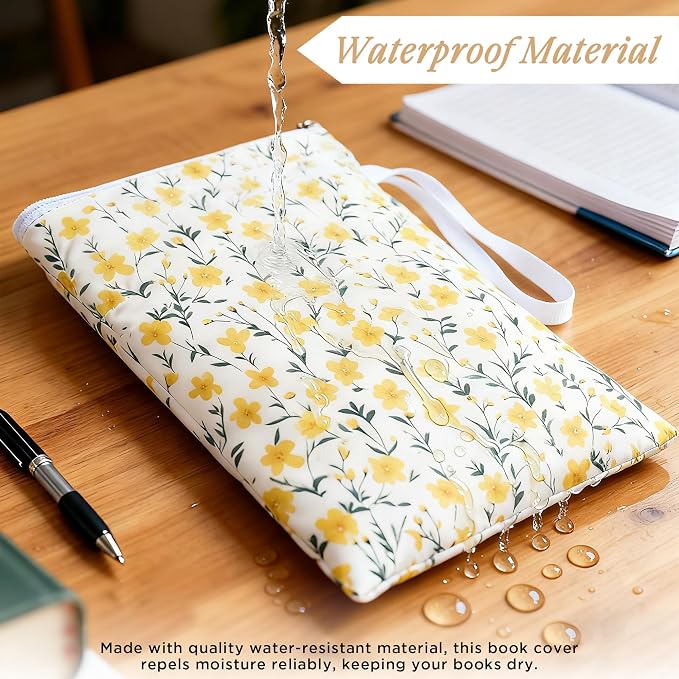 Book Sleeve with Zipper, 11''x 9'' Waterproof Paperback Sleeve for Book Lovers Books Pouch Cover with Handle for Hardcovers Kindle Sleeve for Reader Teacher Women (Yellow flower, 11x 9 inch)
