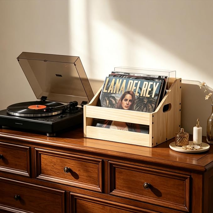 Vinyl Record Storage，Record Box Case Crate，Wooden Record Holder，Wooden crate， Desktop Storage for organizing,Wooden crate for folders, books, albums ，natural pine