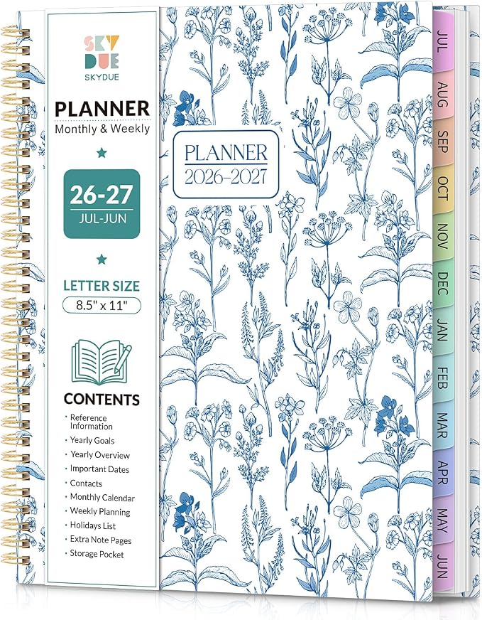 SKYDUE 2026-2027 Monthly and Weekly Academic Planner, July 2026-June 2027, 8.5"x11", Agenda Calendar with Colorful Tabs and Storage Pocket, Ideal for School Office Supplies