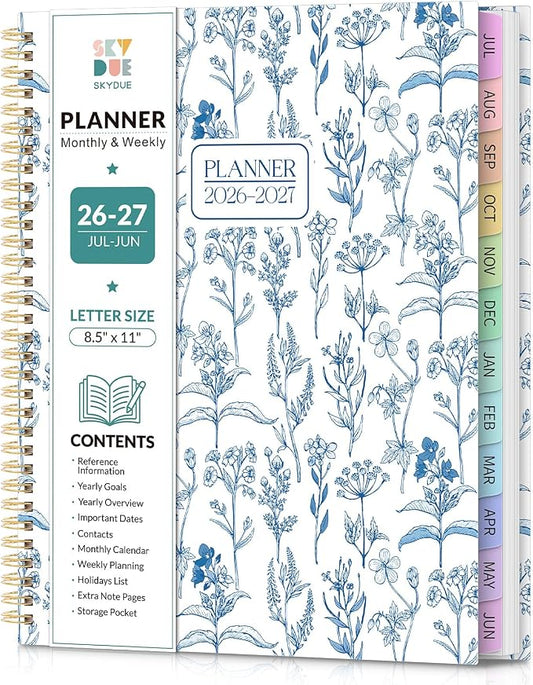 SKYDUE 2026-2027 Monthly and Weekly Academic Planner, July 2026-June 2027, 8.5"x11", Agenda Calendar with Colorful Tabs and Storage Pocket, Ideal for School Office Supplies