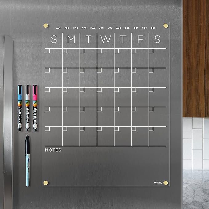 Magnetic Acrylic Month & Notes Calendar for Fridge, 14” x 18” Clear Refrigerator Planning Board, Includes 4 Magnetic Wet-Erase Markers, Gold Corner Magnets