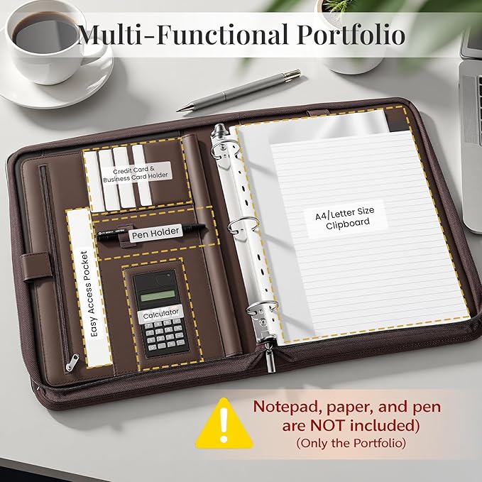 3-Ring Padfolio Portfolio Organizer Binder,Faux Leather Interview Resume Folder,Letter Size A4 Legal Writing Pad Holder for Business School Office Conference Notepad Clip Boards (Brown)