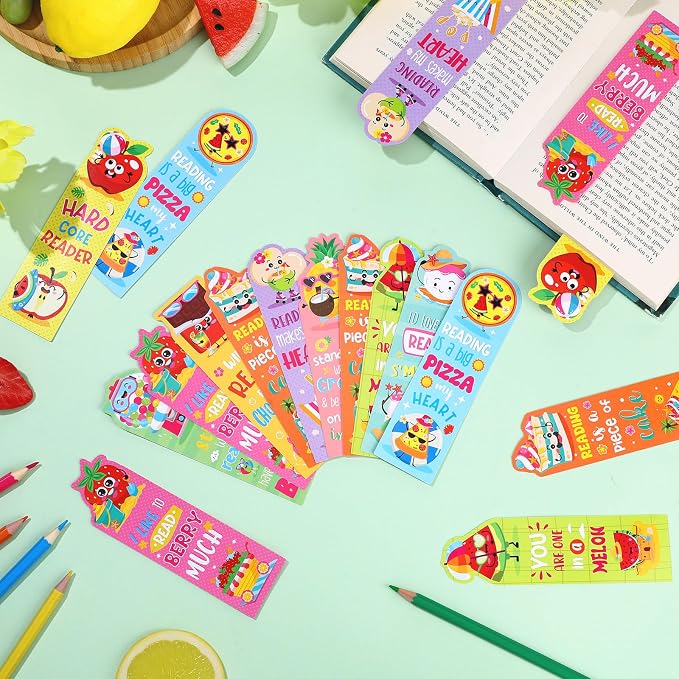 Eersida 90 Pieces Summer Scented Bookmarks Fruit Food Theme Sayings Bookmarks Sayings Assorted Cute Scented Gifts for Learning Reading Rewards Food Lovers, 10 Styles